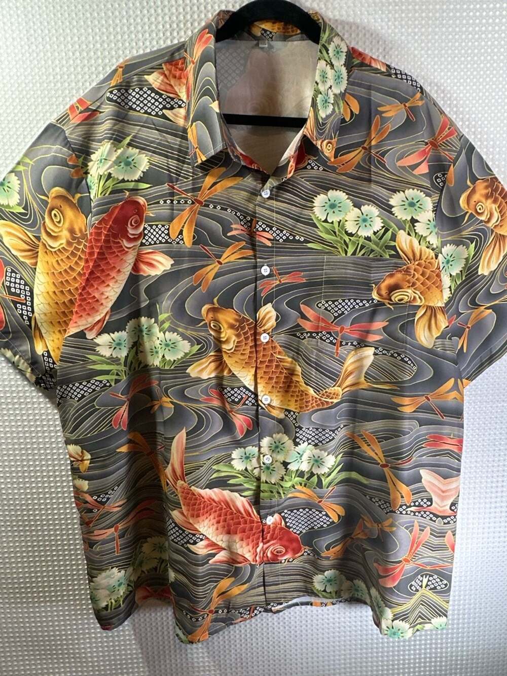 Unbranded Japanese Koi Fish and Dragonfly Print Camp Collar Button-Down Shirt